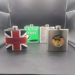 Stainless Steel 6oz Flasks Lot Of 4 Jim Beam/three Olives/john Wayne